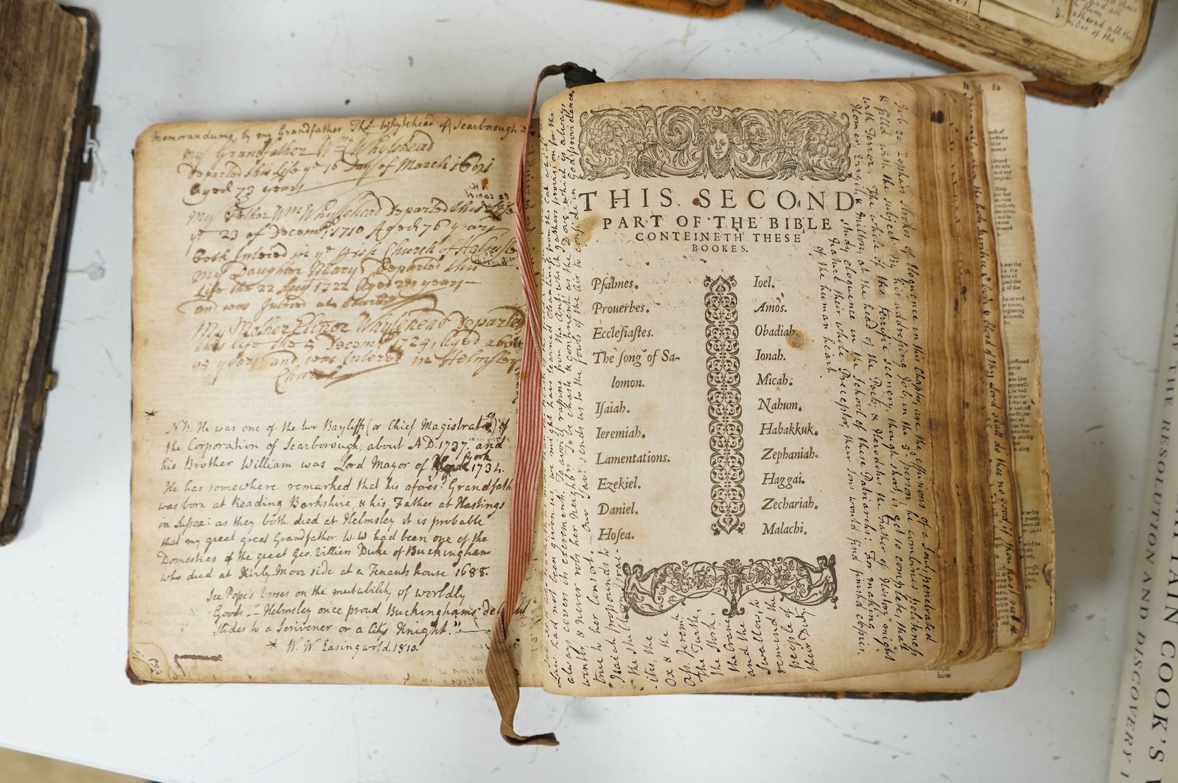 A BIBLE ARCHIVE - A highly unusual collection of three English Bibles, having belonged to the Whytehead family (of Yorkshire's North and East Ridings); comprising The Bishops' (1573 edition), a Geneva (1603 edition) and